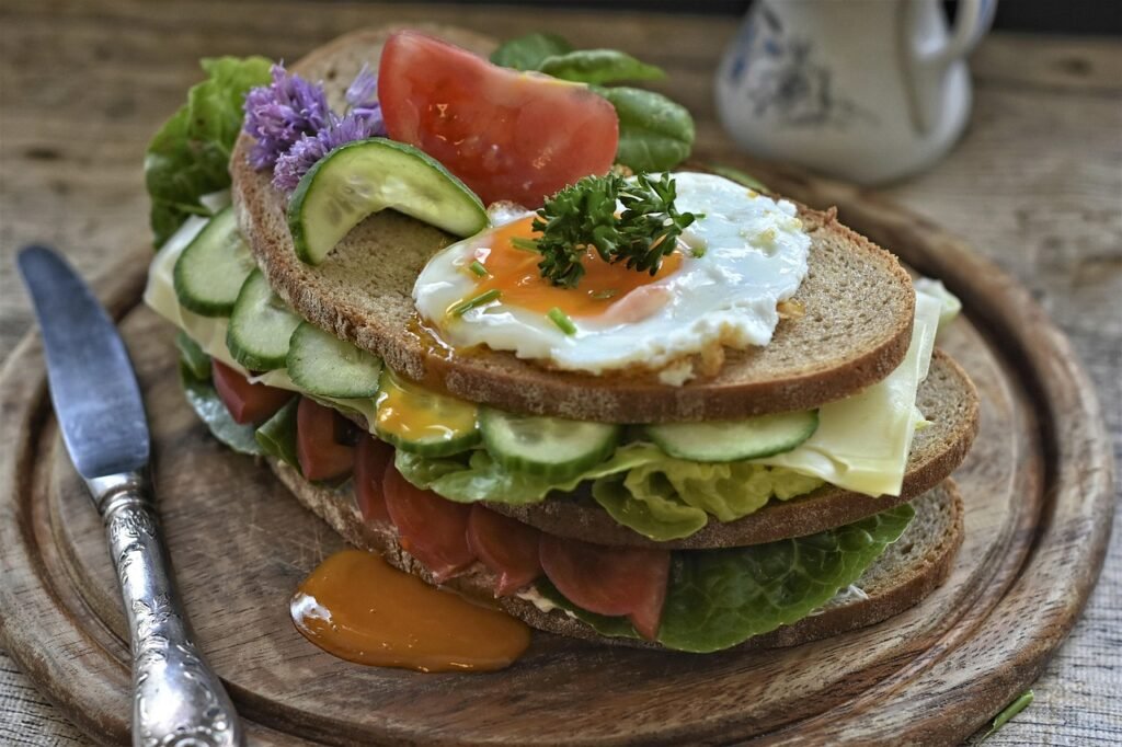 Healthy keto breakfast toast with egg and vegetables