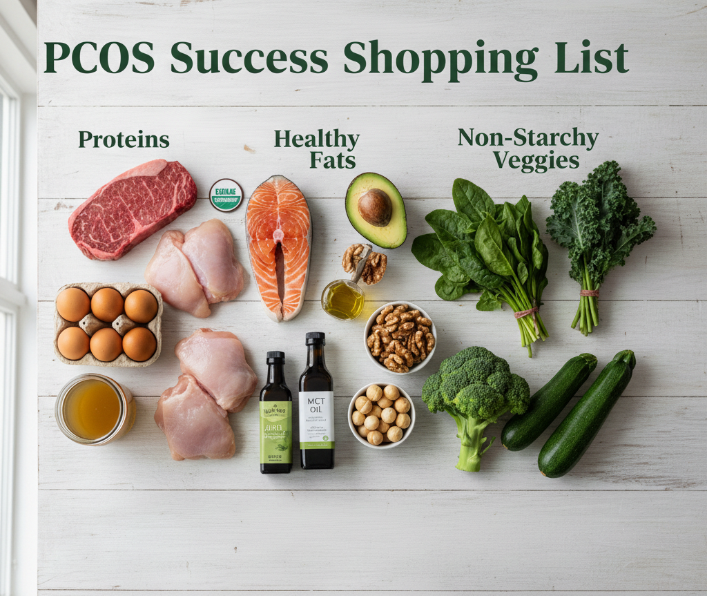 PCOS shopping list ideas: Proteins: grass-fed beef, wild-caught salmon, eggs, chicken thighs, and bone broth.Healthy Fats: Avocados, extra virgin olive oil, MCT oil, walnuts, and macadamia nuts.