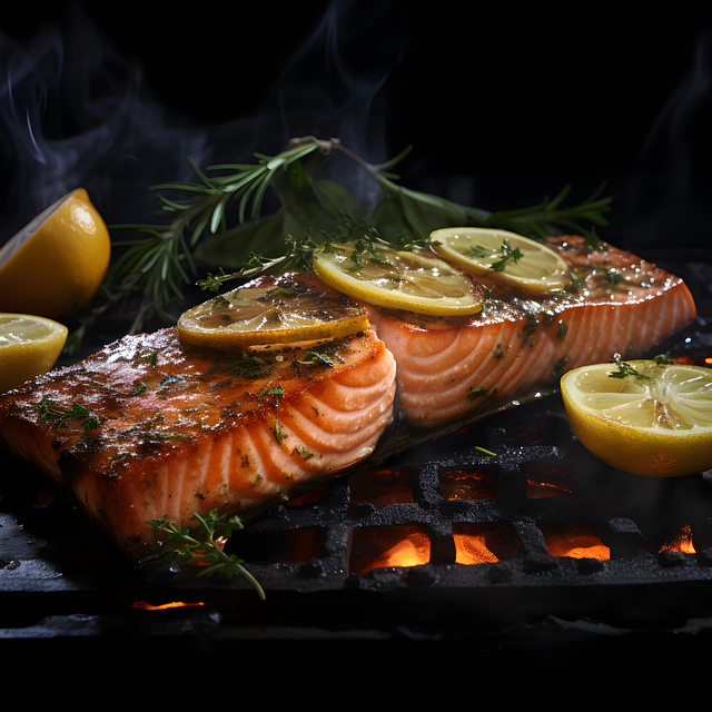 Grilled salmon fish served with lemon and herbs best for keto pcos weight loss