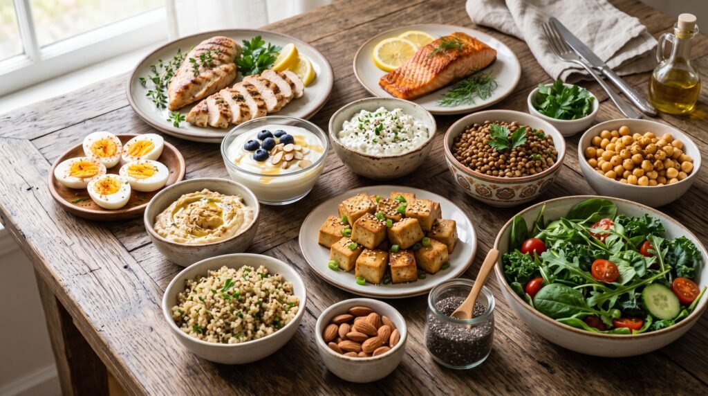 High-protein foods suitable for women with PCOS including chicken, salmon, eggs, lentils, and Greek yogurt