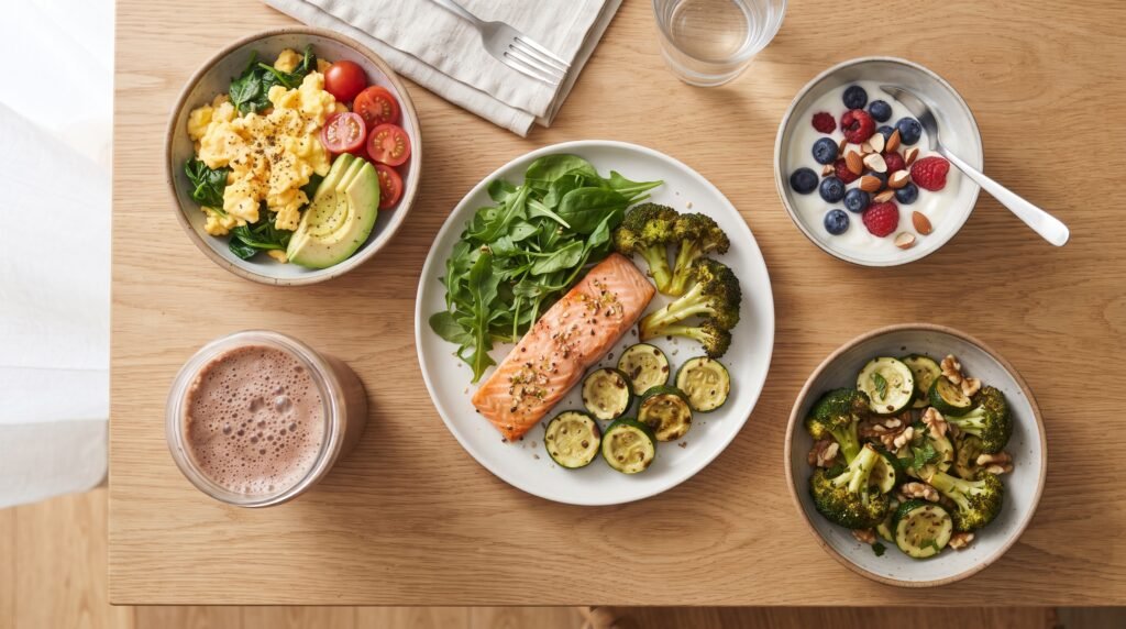 Keto and Ozempic one-day meal plan with small protein-rich meals
