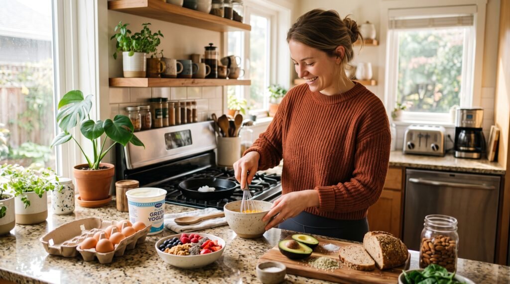 Woman preparing a high-protein breakfast to support PCOS and blood sugar balance