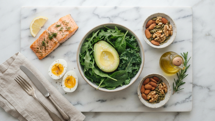 Flat lay of low-carb, PCOS-friendly foods including salmon, avocado, and leafy greens