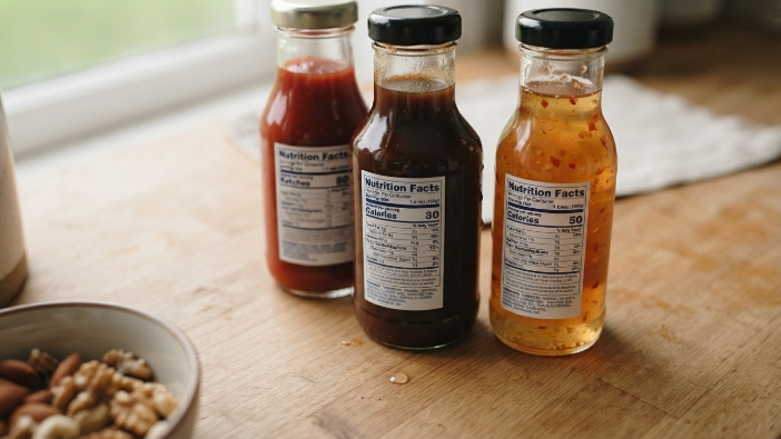 Sauces and condiments with nutrition labels showing hidden added sugar