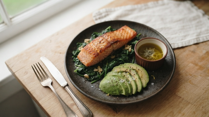 Keto-friendly plate of salmon, avocado, and leafy greens as a low-glycemic meal