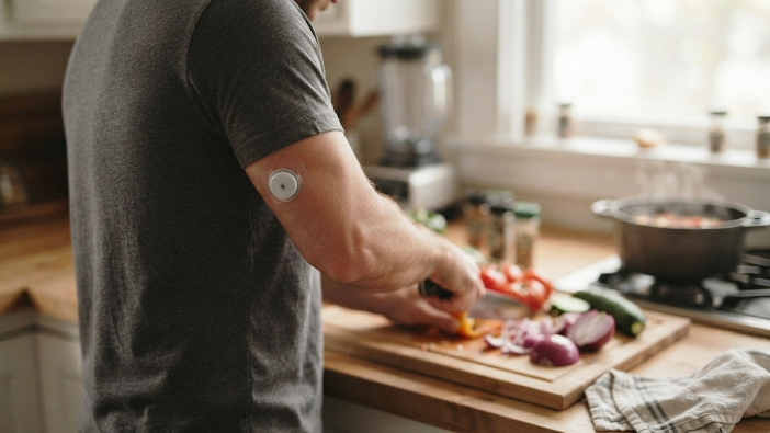 Continuous glucose monitor sensor being used while preparing a keto meal at home