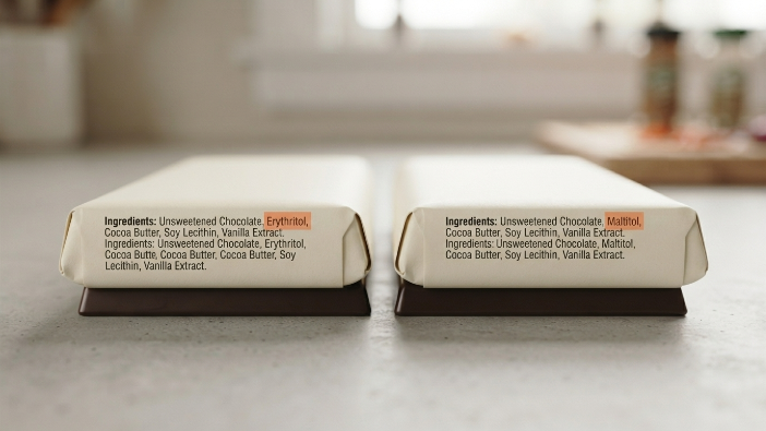 Comparing erythritol and maltitol ingredients on sugar-free keto chocolate bars