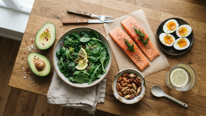Flat lay of keto friendly foods including fish, avocado, eggs and leafy greens for perimenopause
