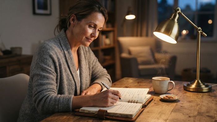 Woman journaling and tracking symptoms while starting a keto diet during perimenopause