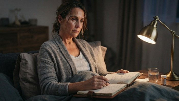 Woman awake at night with perimenopause symptoms, searching for keto diet perimenopause symptoms relief