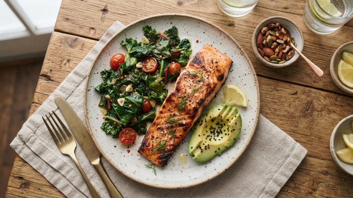Balanced keto plate with salmon, avocado and greens supporting keto diet perimenopause symptoms relief