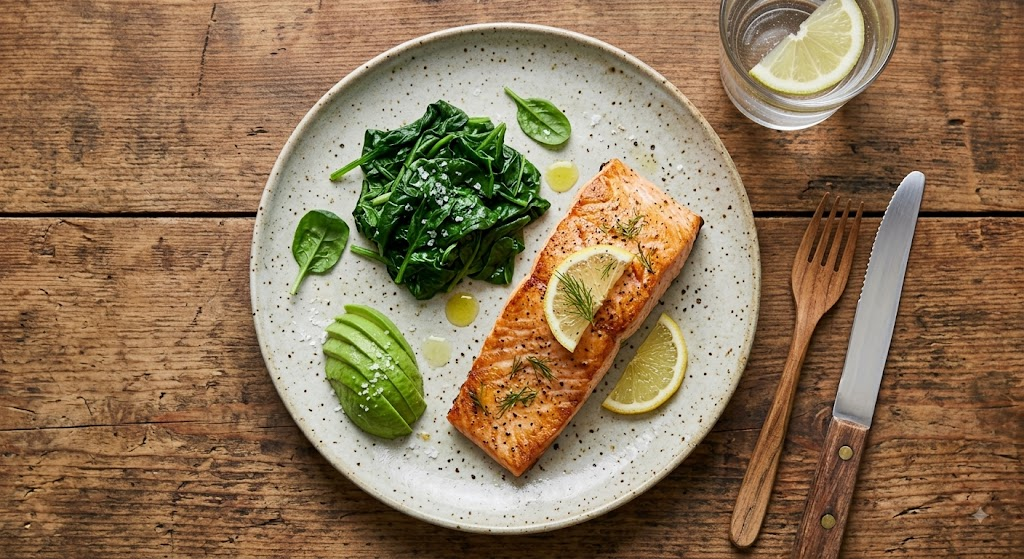 Balanced, moderate portion keto meal designed to reduce digestive discomfort
