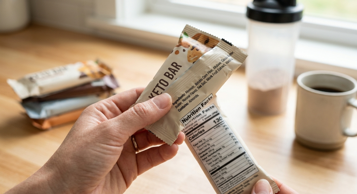 Close-up of someone reading the ingredient label on a packaged keto snack bar, highlighting hidden fibers and sweeteners that can cause bloating.