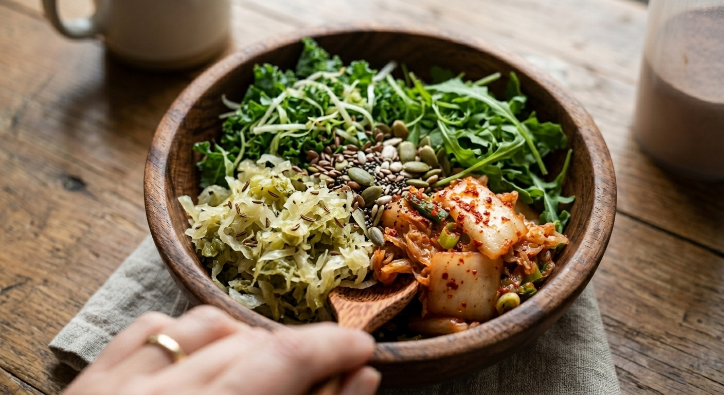 Bowl of fiber-rich and fermented foods representing gut microbiome adjustment during the keto transition.