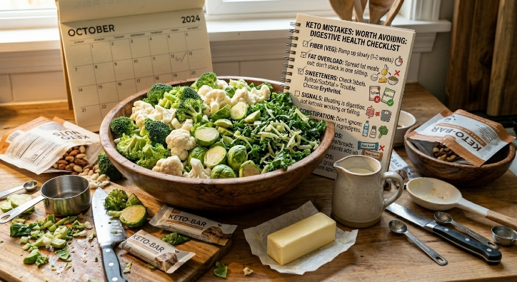 Cluttered kitchen counter with too much fiber, fat, and packaged keto snacks at once, representing common mistakes that cause keto bloating.