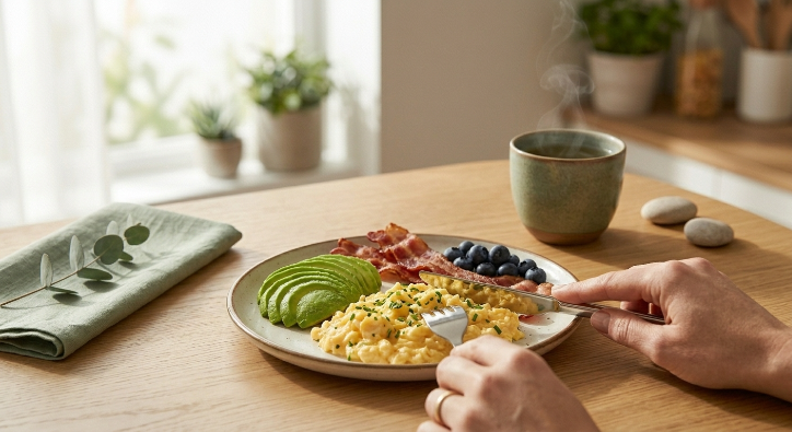A calm morning scene representing a realistic PCOS acne keto diet outcome