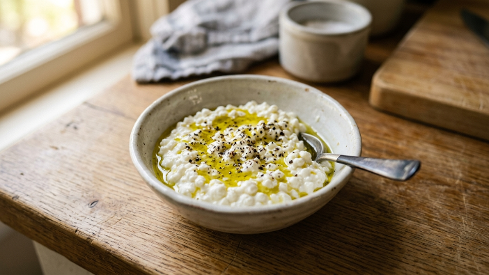 High protein keto PCOS snacks that actually work of cottage cheese with olive oil and pepper