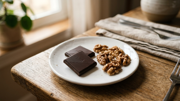 Sweet keto PCOS snack of dark chocolate and walnuts for evening cravings