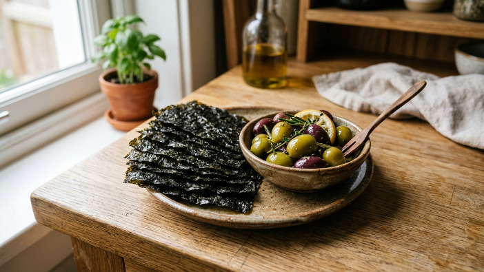 Savoury keto PCOS snack options including seaweed sheets and olives