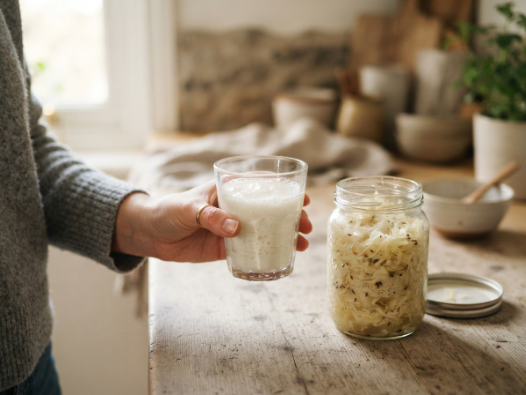 Keto friendly probiotic foods, plain kefir and unpasteurised sauerkraut on a kitchen counter.