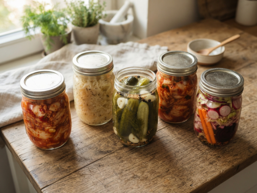Fermented vegetables including sauerkraut, kimchi, and pickles as low carb fermented foods on keto.