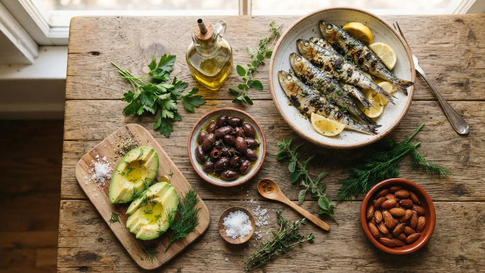 Mediterranean keto foods including olive oil, olives, avocado and seafood