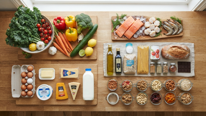 Categorized Mediterranean keto grocery list items on a kitchen counter