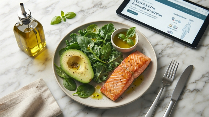 Ketogenic meal with salmon, avocado, and leafy greens suited for insulin-resistant PCOS, keto diet insulin-resistant PCOS vs lean PCOS