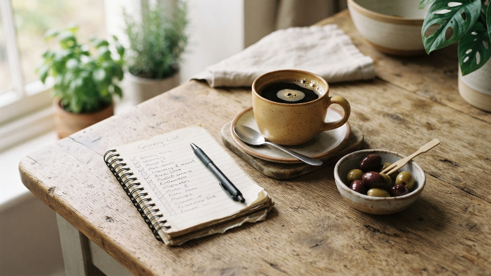 Planning a Mediterranean keto grocery list at the kitchen table