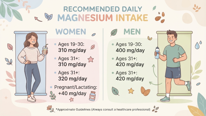 Recommended daily magnesium amounts for adult women and men