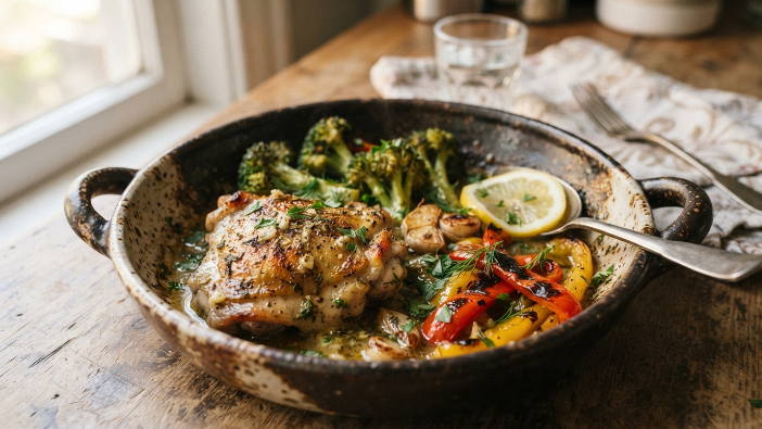 Lemon garlic chicken thigh skillet, an easy keto one pan dinner