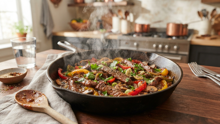 Beef strip and pepper skillet, a quick keto one pan dinner idea