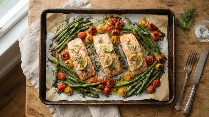 Salmon and green bean sheet pan, an easy low carb one pan meal