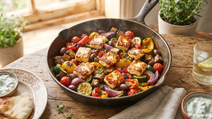Halloumi and roasted vegetable skillet, a vegetarian keto one pan dinner