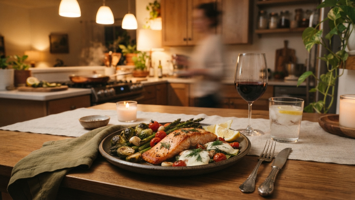 A finished easy keto one pan dinner served at the table