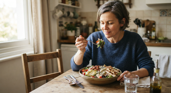 Person eating a single serving keto salad as part of a one person meal plan