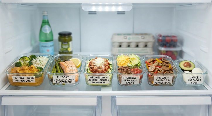 Meal prep containers organised for single serving keto meals