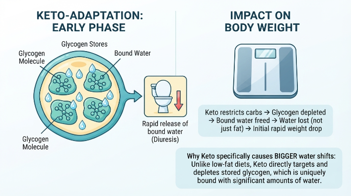 Diagram showing how glycogen binds water in the body during keto adaptation keto diet water retention weight fluctuation