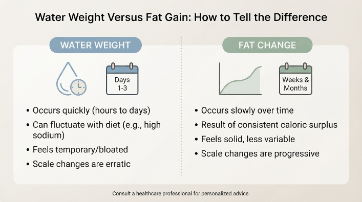 Comparison graphic showing the difference between water weight and fat gain on keto