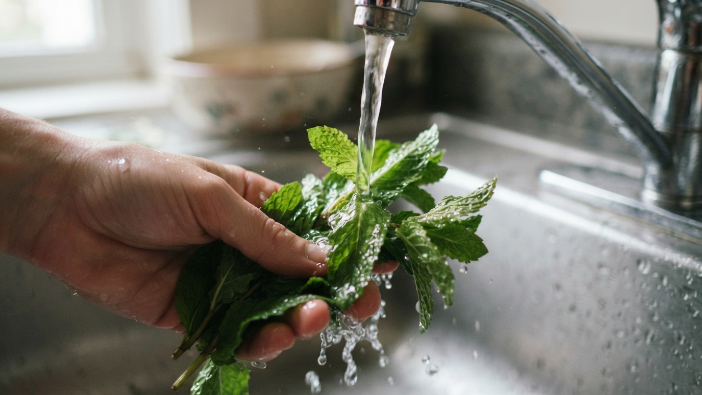 Fresh spearmint leaves being rinsed before making spearmint tea for PCOS Purpose: Shows the raw ingredient in a natural, non staged way.