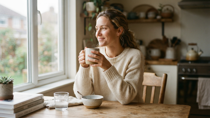 Woman drinking a cup of herbal tea as part of a morning routine