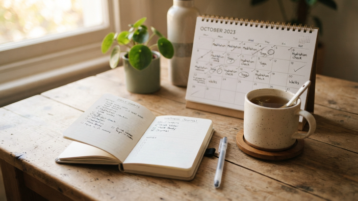 Notebook and calendar beside a mug of tea representing tracking progress over several weeks