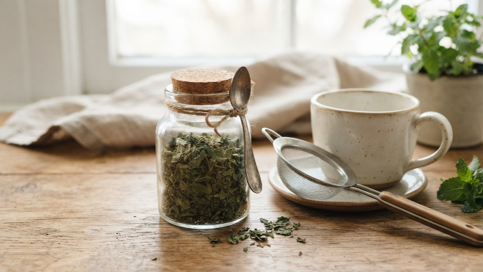 Jar of dried spearmint tea leaves with a tea strainer and empty mug