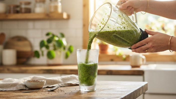 Green PCOS smoothie with spinach and flaxseed being poured into a glass