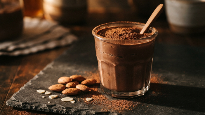 Keto friendly chocolate PCOS smoothie with cocoa and almond milk