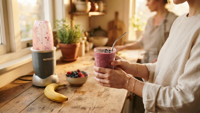 Woman holding a PCOS superfood smoothie in her kitchen in the morning